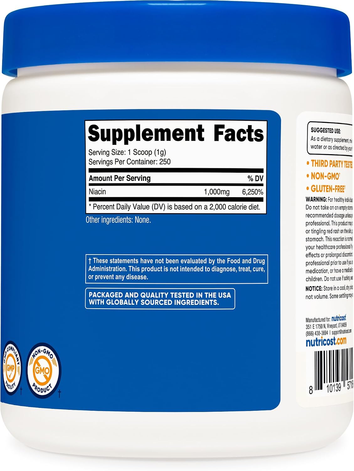 Nutricost Niacina (Vitamina B3) en Polvo 500g (2x250g) - 1g por Ración