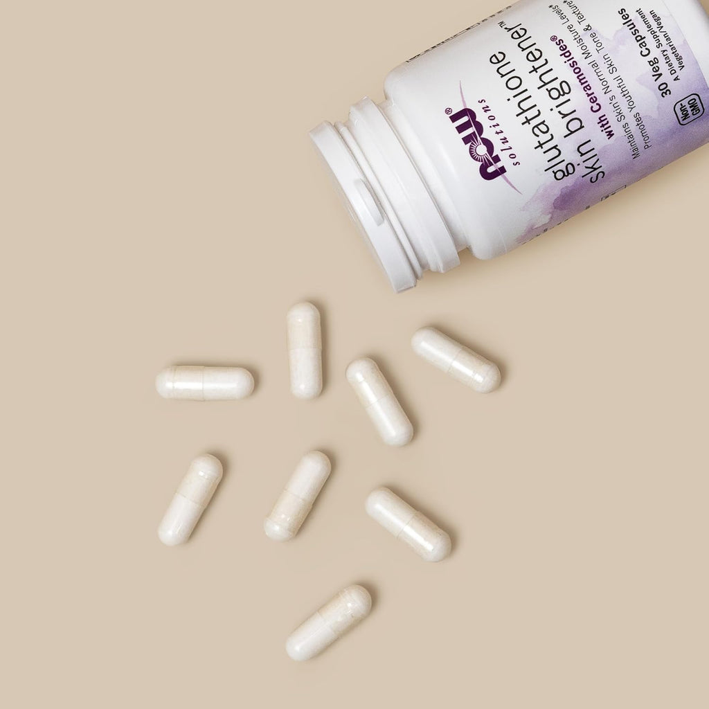 NOW Foods Solutions, Glutathione Skin Brightener con Ceramidas, Hidratante e Iluminador, 30 Cápsulas Vegetales