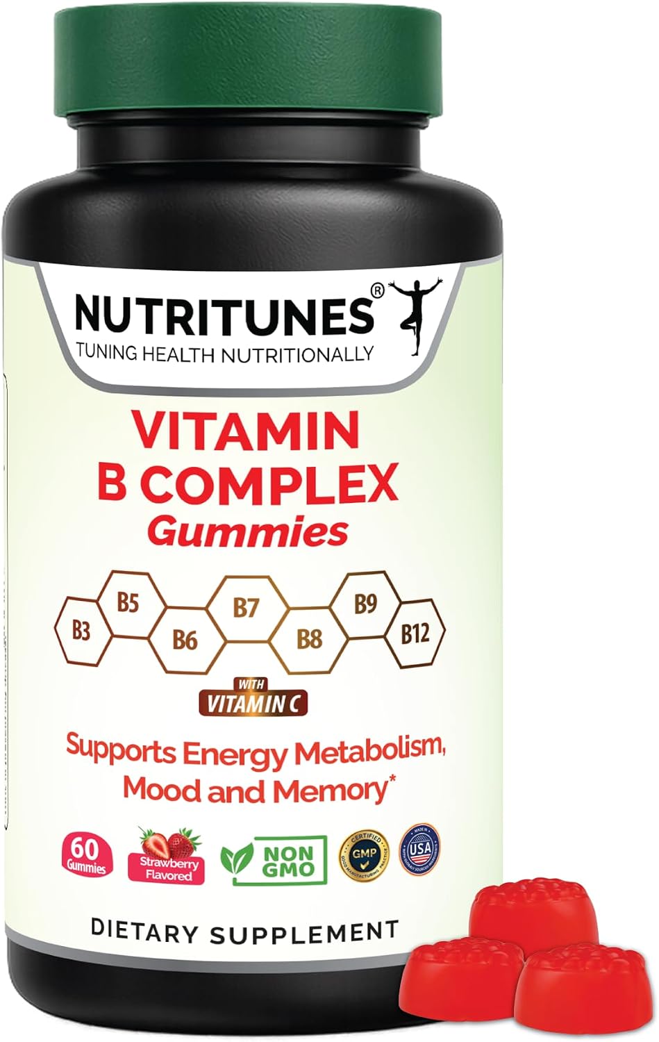Complejo B en Gominolas - Alta Potencia con Metil B12, Folato, Biotina y Vitamina C - Vegano, Sin Gluten - 60 Gominolas