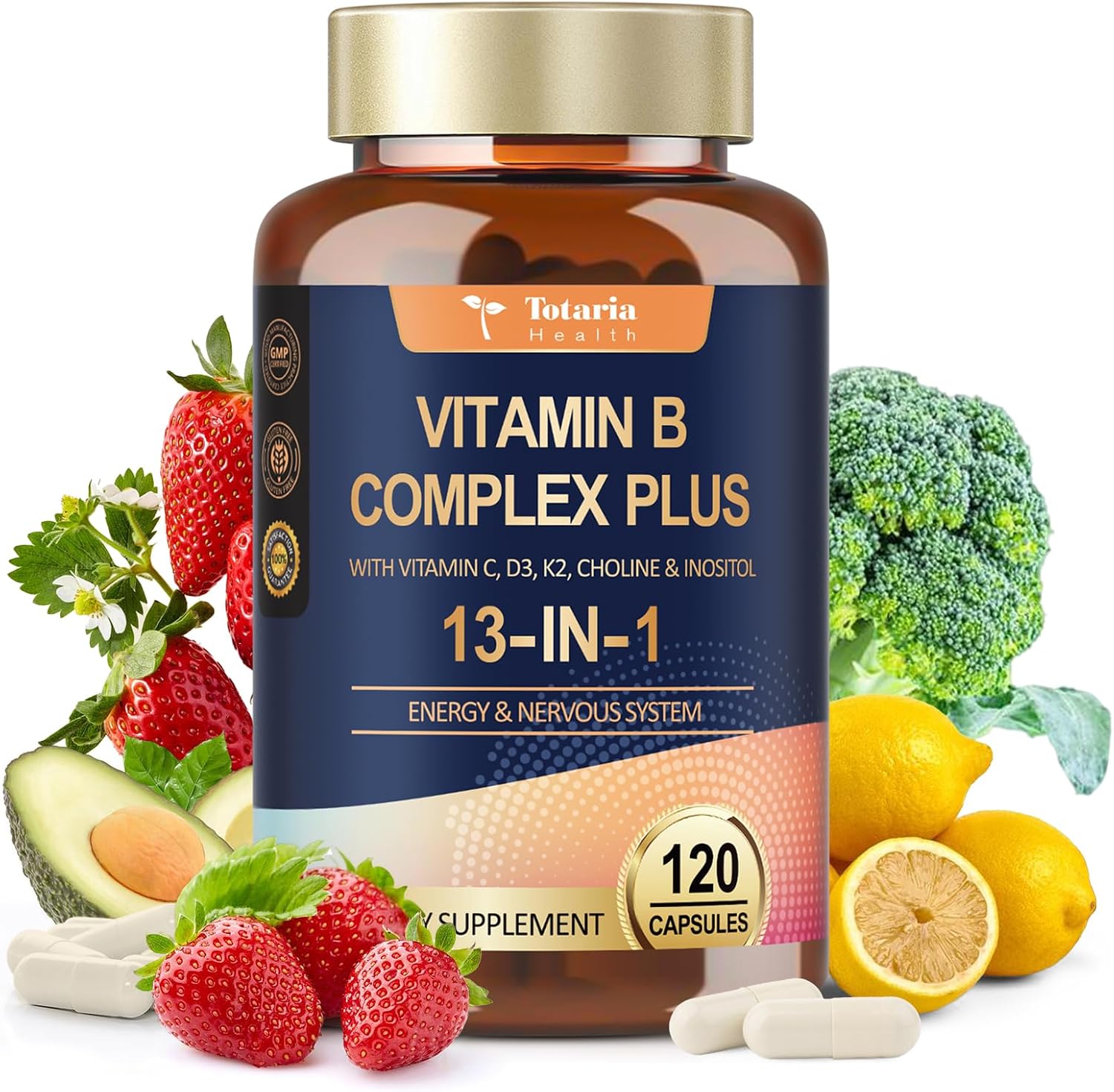 13-in-1 Vitamin B Complex Plus con Vitaminas B1, B2, B3, B4, B5, B6, B7, B8, B9, B12, C, D3, K2 - 120 Cápsulas por Frasco - 2 Frascos