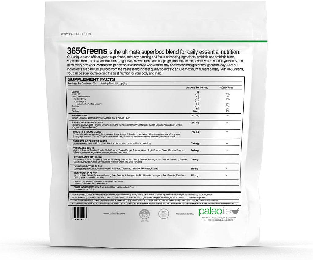 365Greens Daily Essential Premium Superfood con 75 Minerales, Vitaminas, Verduras, Frutas y Adaptógenos - Verde (2 x 210 g)