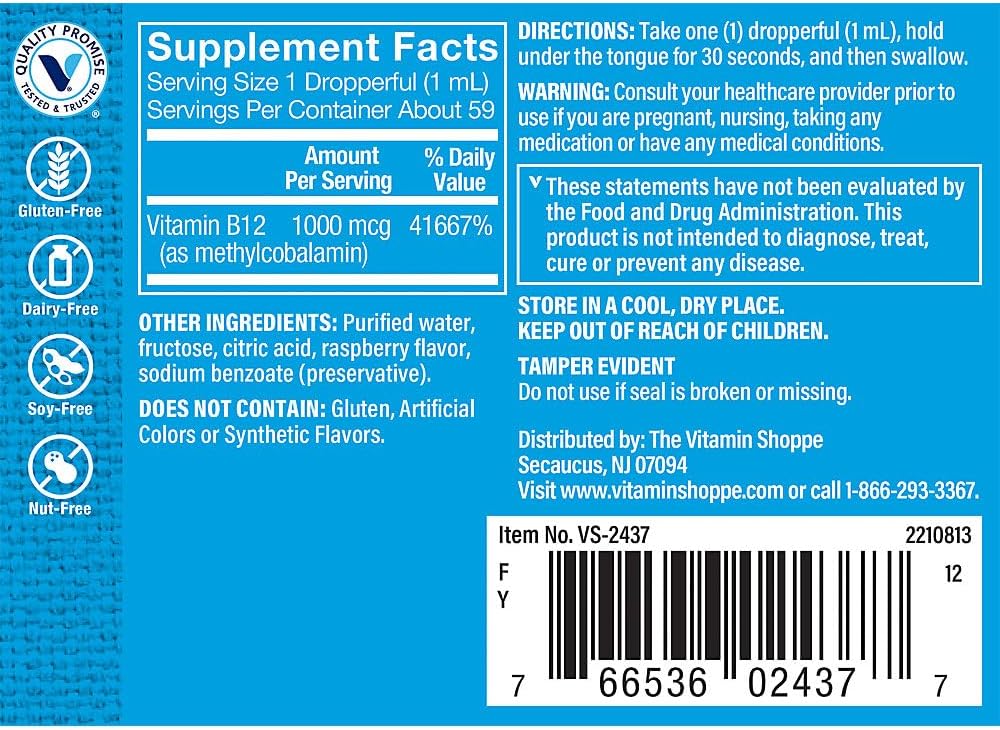 Vitamina B12 Líquida Metilcobalamina 1000 mcg - Gotas de Frambuesa - Absorción Rápida - 60 ml