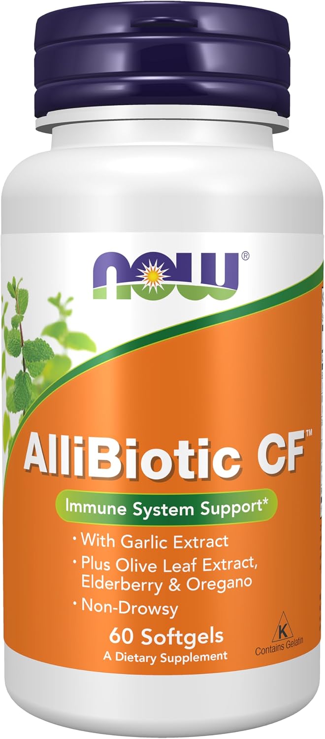 NOW Foods AlliBiotic CF, 60 Softgels - Garlic, Olive Leaf, Elderberry & Oregano Extract
