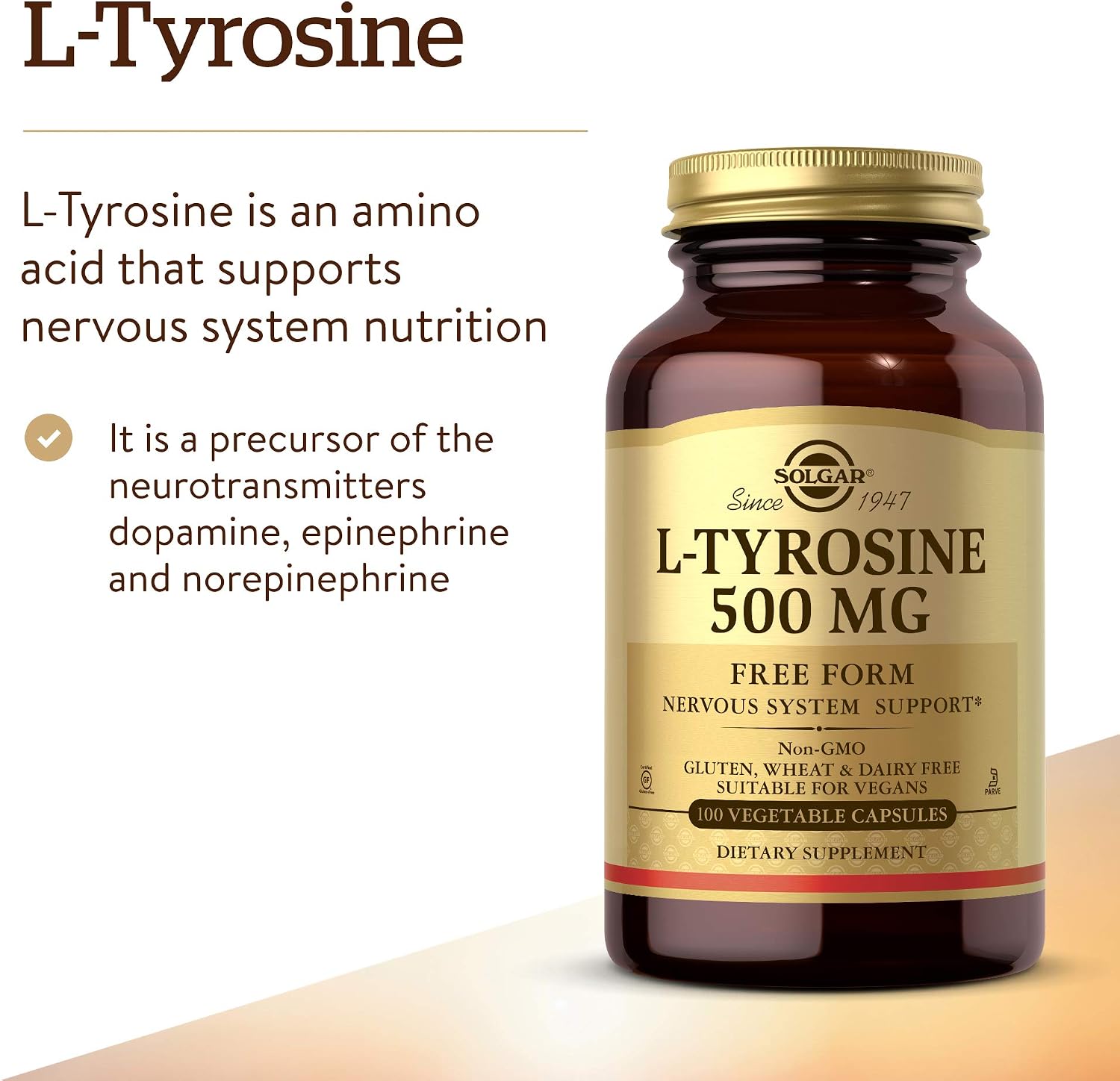 Solgar L-Tirosina 500 mg - 100 Cápsulas Vegetales - Apoyo al Sistema Nervioso - Vegano, Sin Gluten, Sin Lácteos, Kosher