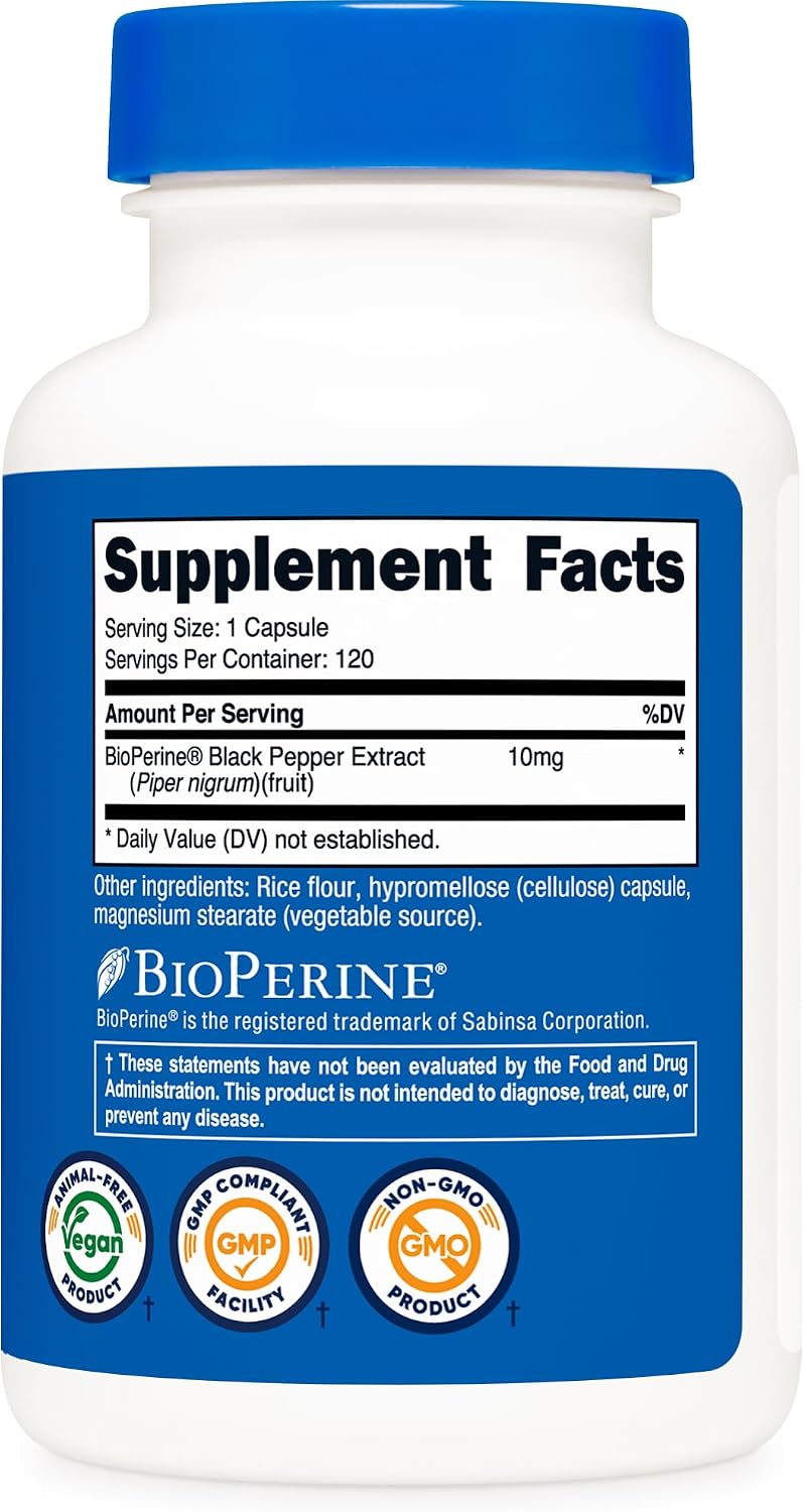 Nutricost Bioperine (Extracto de Pimienta Negra), 10mg por Porción, 120 Cápsulas - Sin Gluten