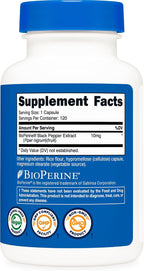 Nutricost Bioperine (Extracto de Pimienta Negra), 10mg por Porción, 120 Cápsulas - Sin Gluten