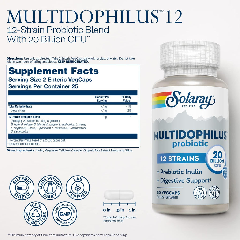 SOLARAY Multidophilus Probiotic 12 Strains 20B CFU with Inulin – 50 Enteric Capsules