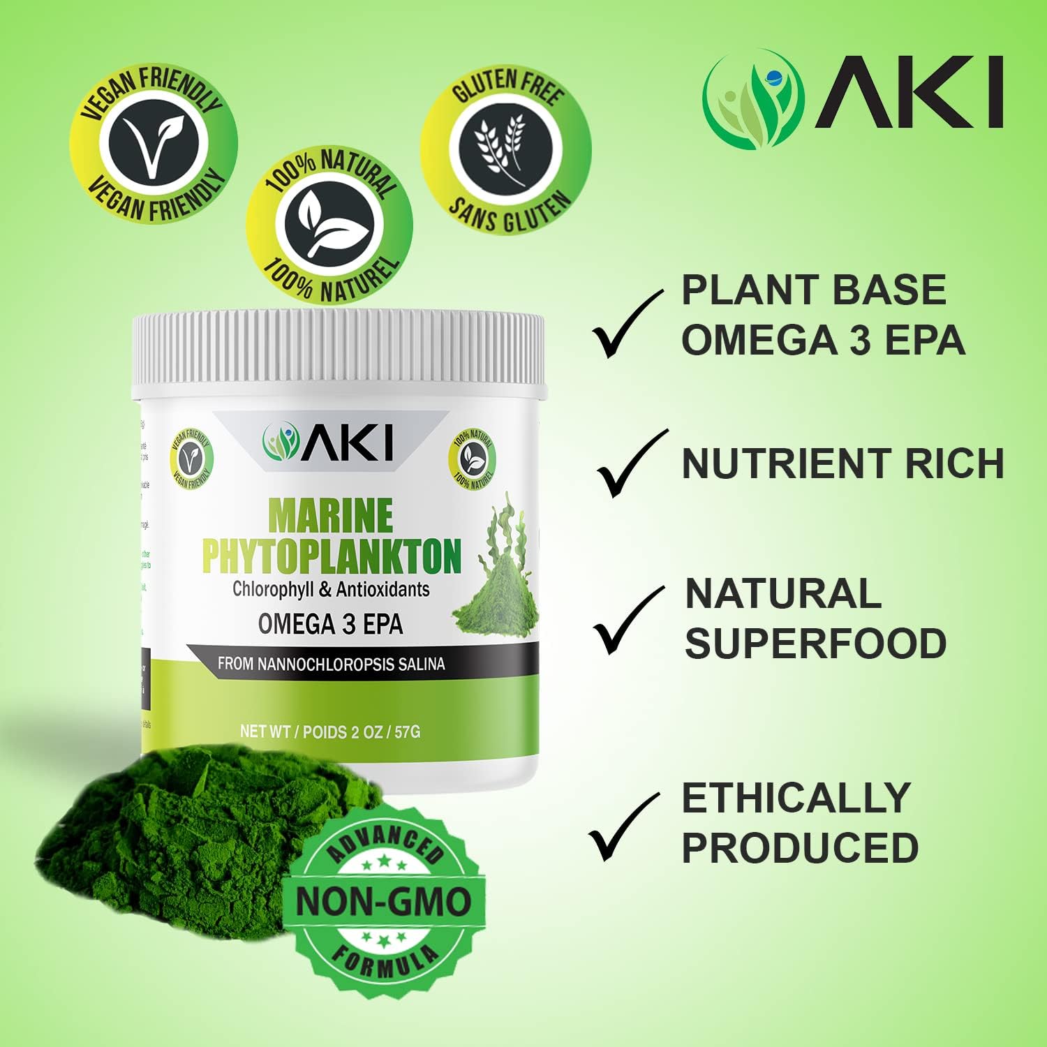 AKI Organic Marine Phytoplankton Powder - Omega 3 EPA Vegano (57g)