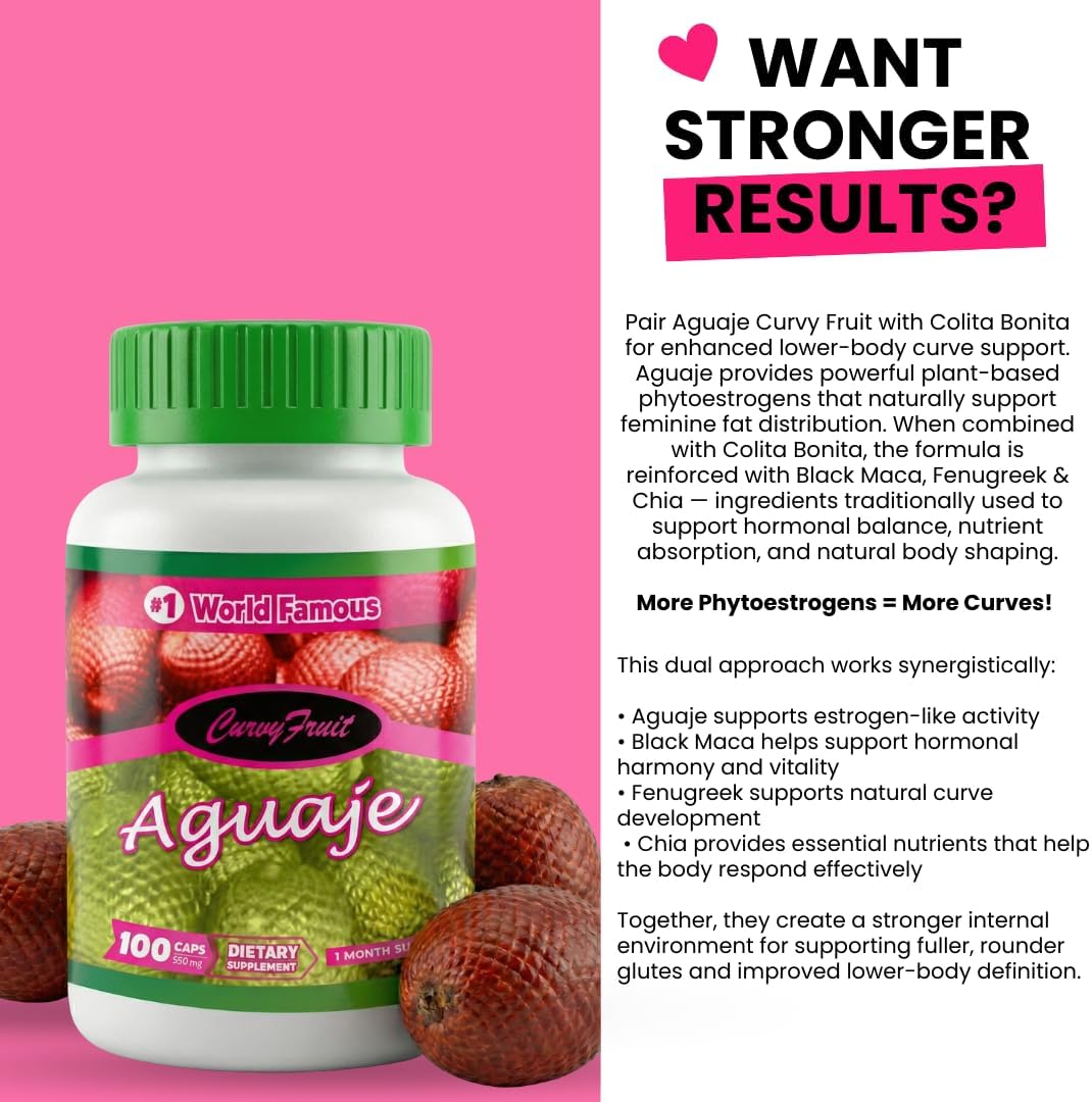 Aguaje Colita Bonita - Fórmula de Crecimiento Glúteo - Aguaje, Maca Negra, Chía y Fenogreco - 100% Natural - 2 Frascos (1 Mes)