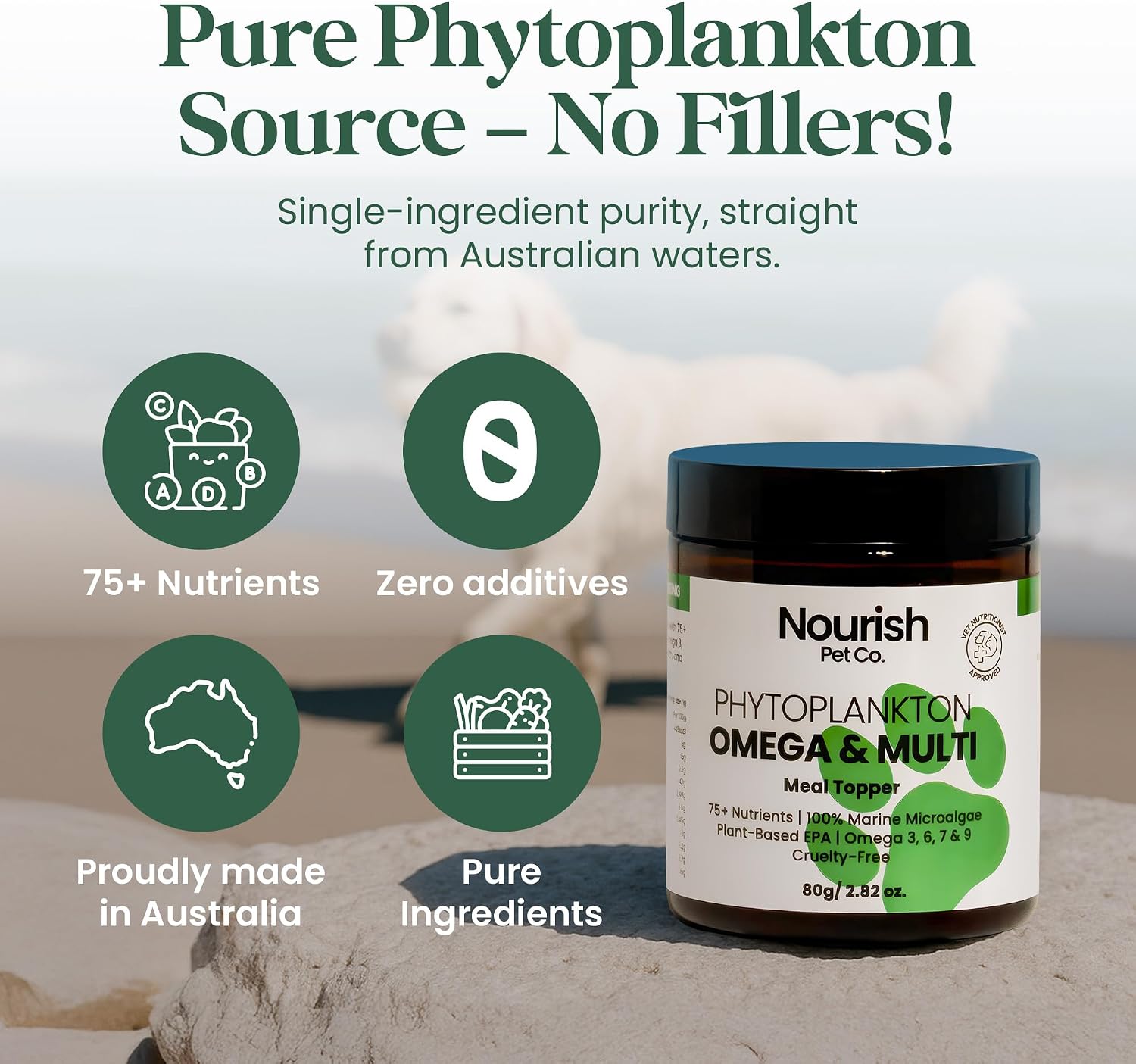 Nourish Pet Co. Fitoplancton Omega y Multivitamínico para Perros y Gatos – Suplemento de Omega-3 de Fitoplancton – Fórmula de Bienestar para Piel, Pelaje, Articulaciones, Equilibrio Inmune y Vitalidad 80g