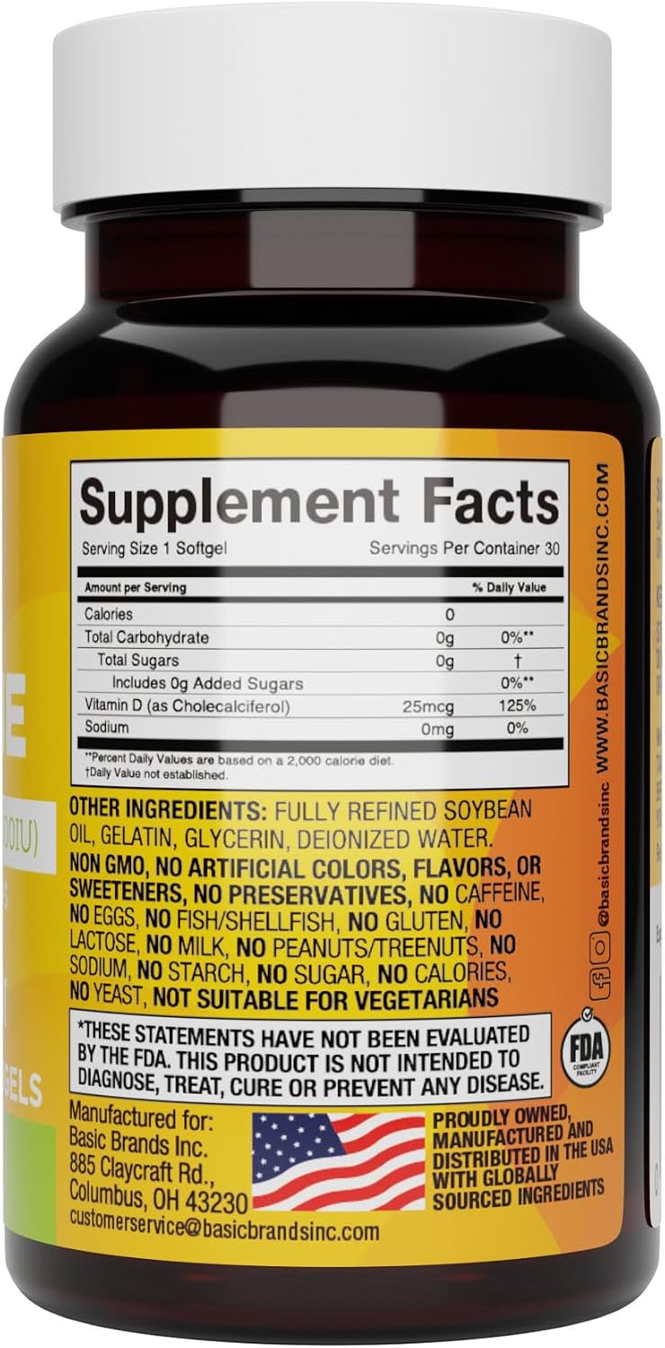 Basic Brands Happy Sunshine Vitamina D3 1000 UI (25 mcg) – 30 Cápsulas blandas