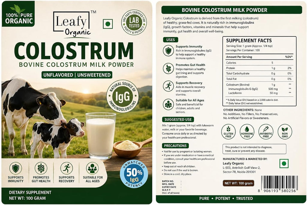 Leafy Organic Calostro en Polvo Puro 100% - Suplemento para la Salud Intestinal y el Sistema Inmunológico, 50% IgG, Sin Sabor (100g)