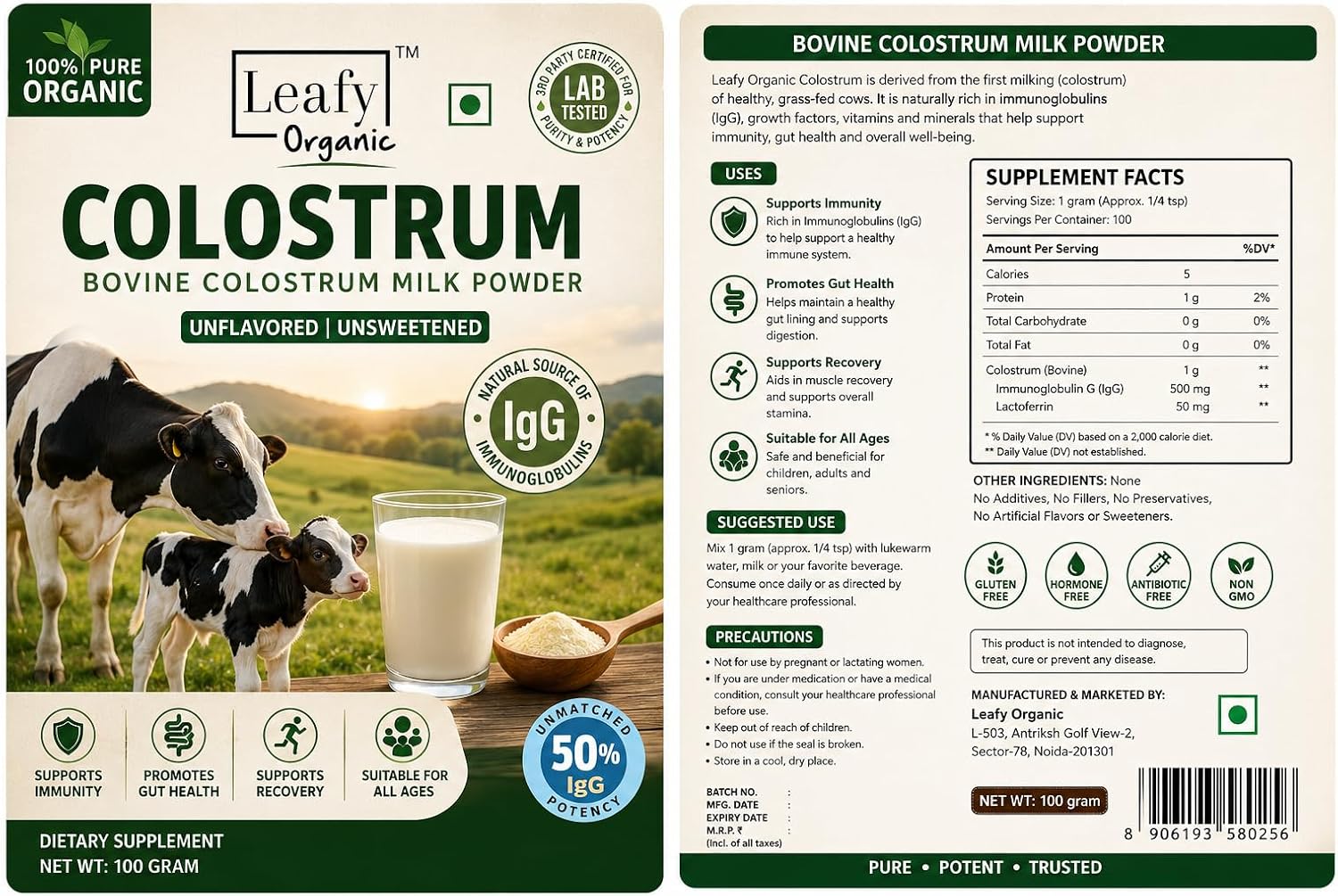 Leafy Organic Calostro en Polvo Puro 100% - Suplemento para la Salud Intestinal y el Sistema Inmunológico, 50% IgG, Sin Sabor (100g)