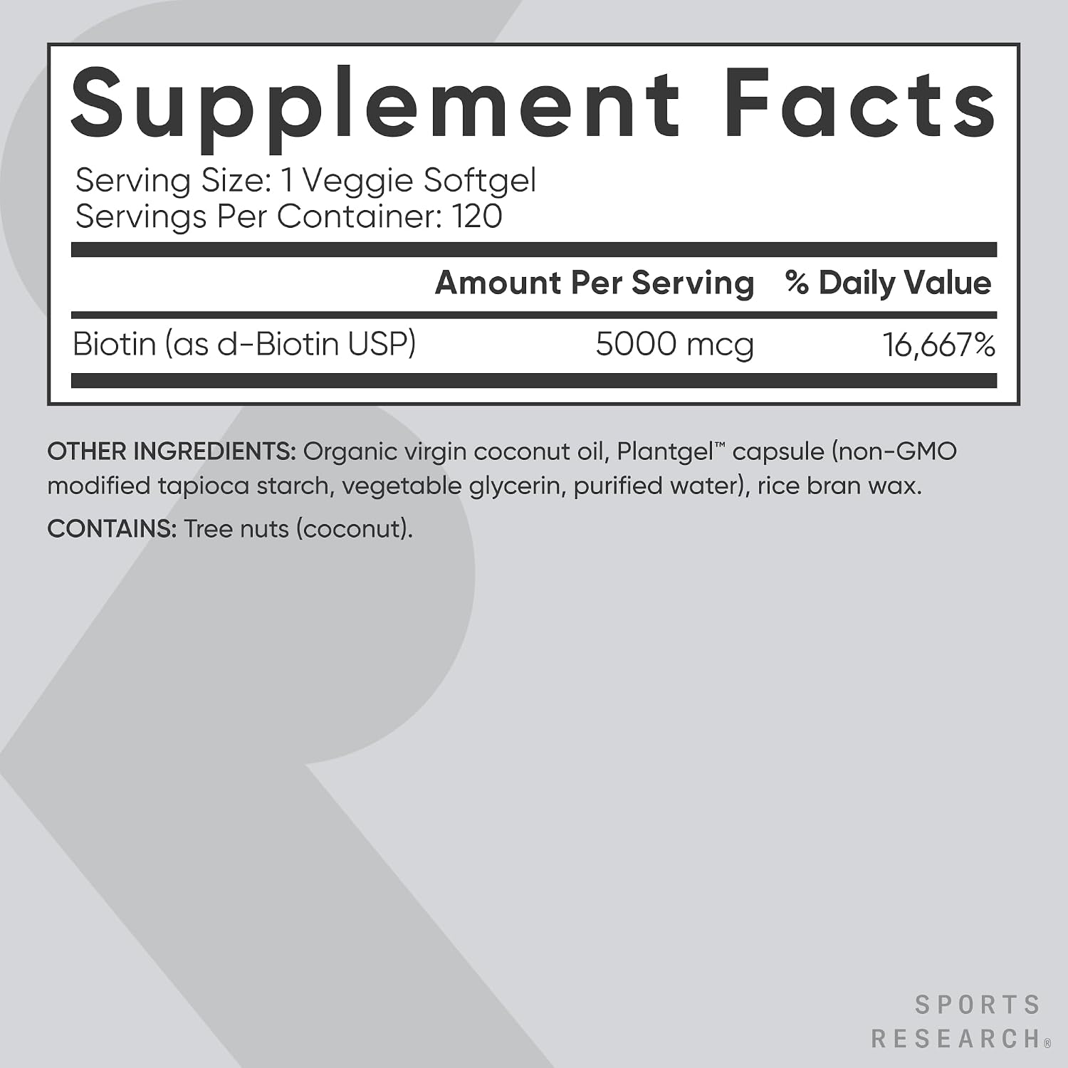 Sports Research Biotin 5000mcg with Organic Coconut Oil - 120 Veggie Capsules