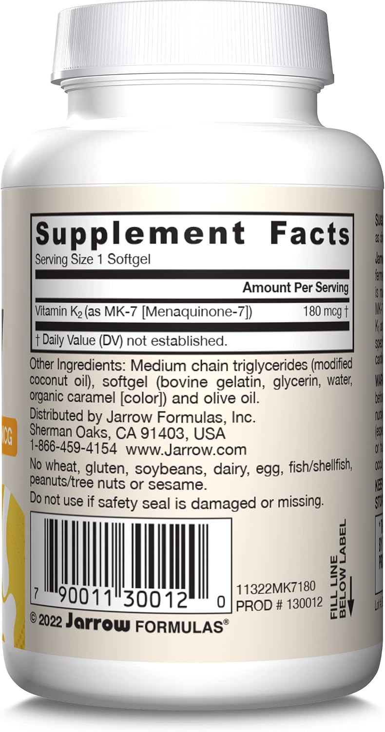 Jarrow Formulas MK-7 - Vitamina K2 (90 mcg) - 30 Cápsulas Blandas - Para la Salud Ósea y Cardiovascular