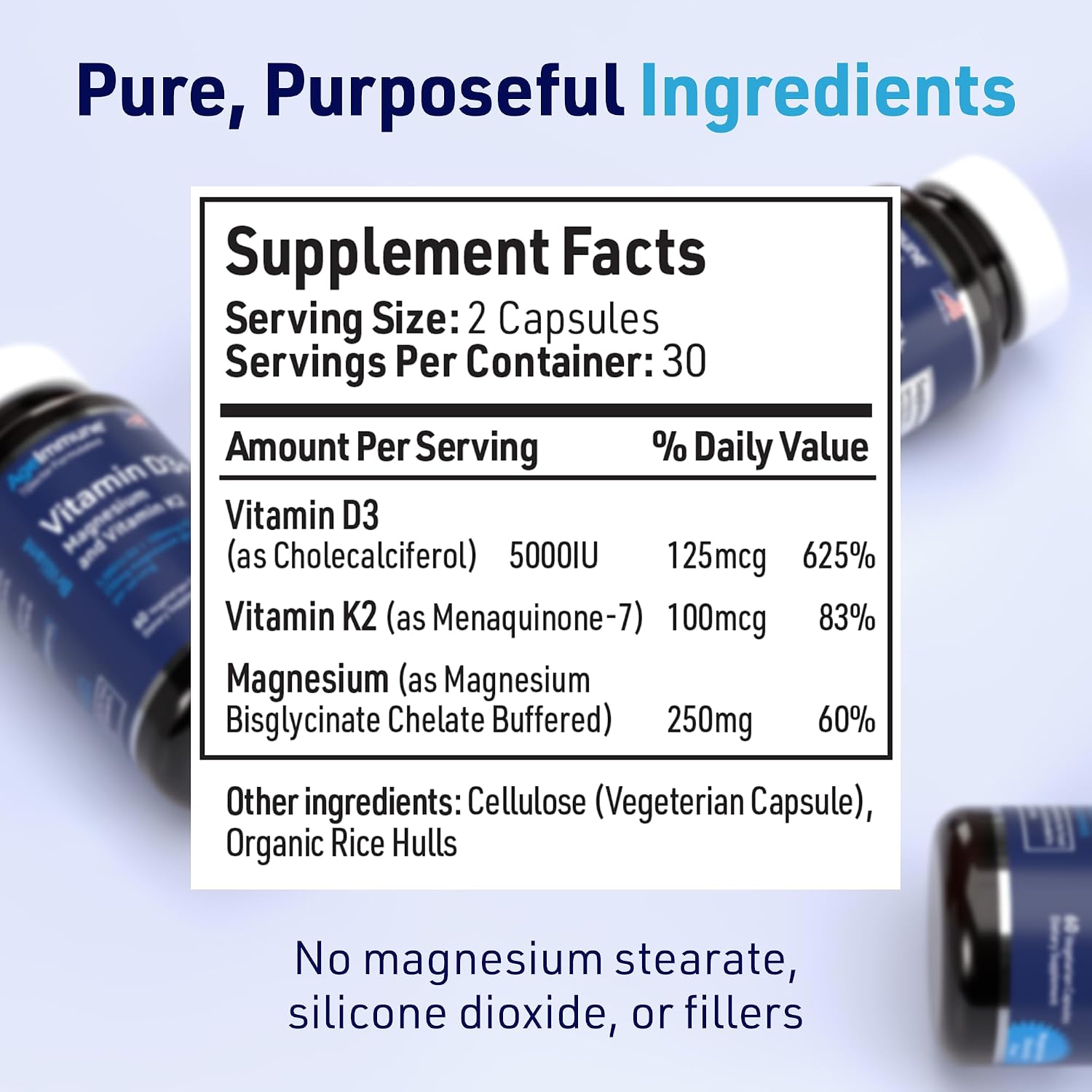 AgeImmune Brilliant D3+ Complex - 60 Cápsulas - 5000 UI Vitamina D3 + K2 + Magnesio Glicinato - Formulado por Médicos para Apoyo Óseo e Inmunitario - Sin Estearatos ni Dióxidos