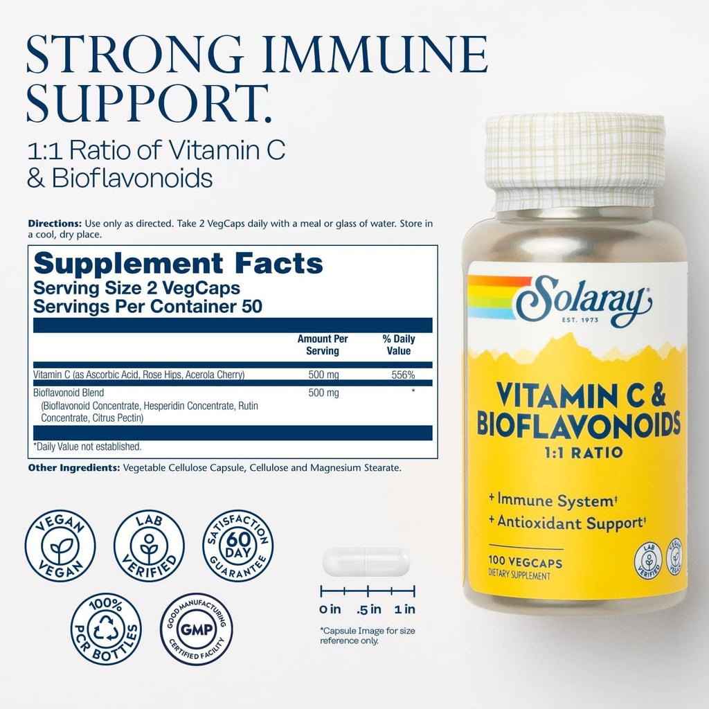 SOLARAY Vitamina C 500mg con Bioflavonoides Cítricos, 1:1 - 100 Cápsulas Veganas