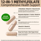 L-Metilfolato 15mg más Metil B12 - Complemento de Vitamina B9 Metilada (5-MTHF) para Salud Cerebral, Estado de Ánimo y Energía - Alta Absorción 12-en-1 - Probado por Terceros (120 Cápsulas Veganas)