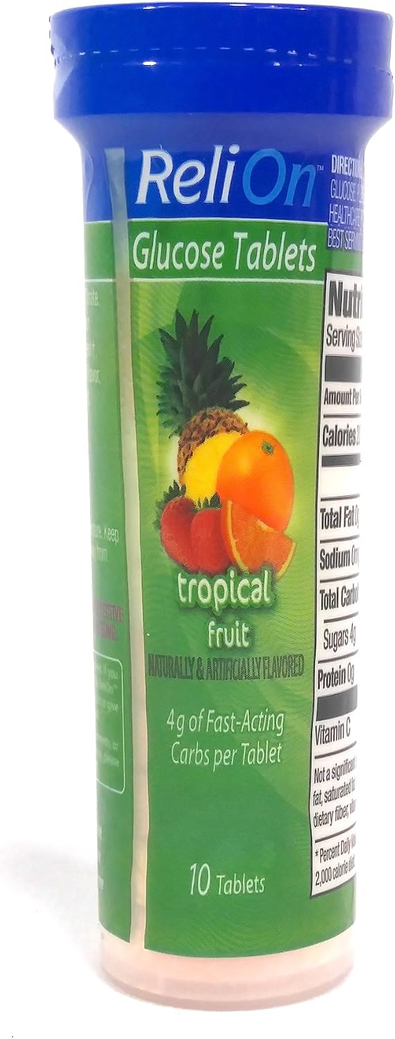 ReliOn Glucosa Tropical Fruit Tabletas, Tubo para Llevar, 10 Tabletas