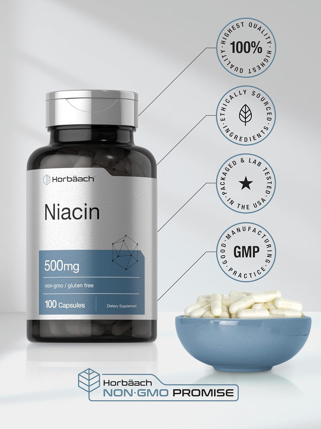 Horbäach Niacina | Vitamina B3 500mg | 100 Cápsulas | Con Flush | No OGM y Sin Gluten