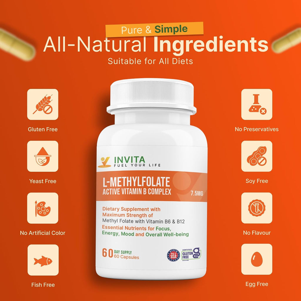 INVITA, L-Metilfolato 7.5 mg + Complejo B Activo – 60 Cápsulas – Suplemento 5-MTHF con Vitamina B6 y B12 Metilcobalamina – No-GMO, Sin Gluten, 2 Meses