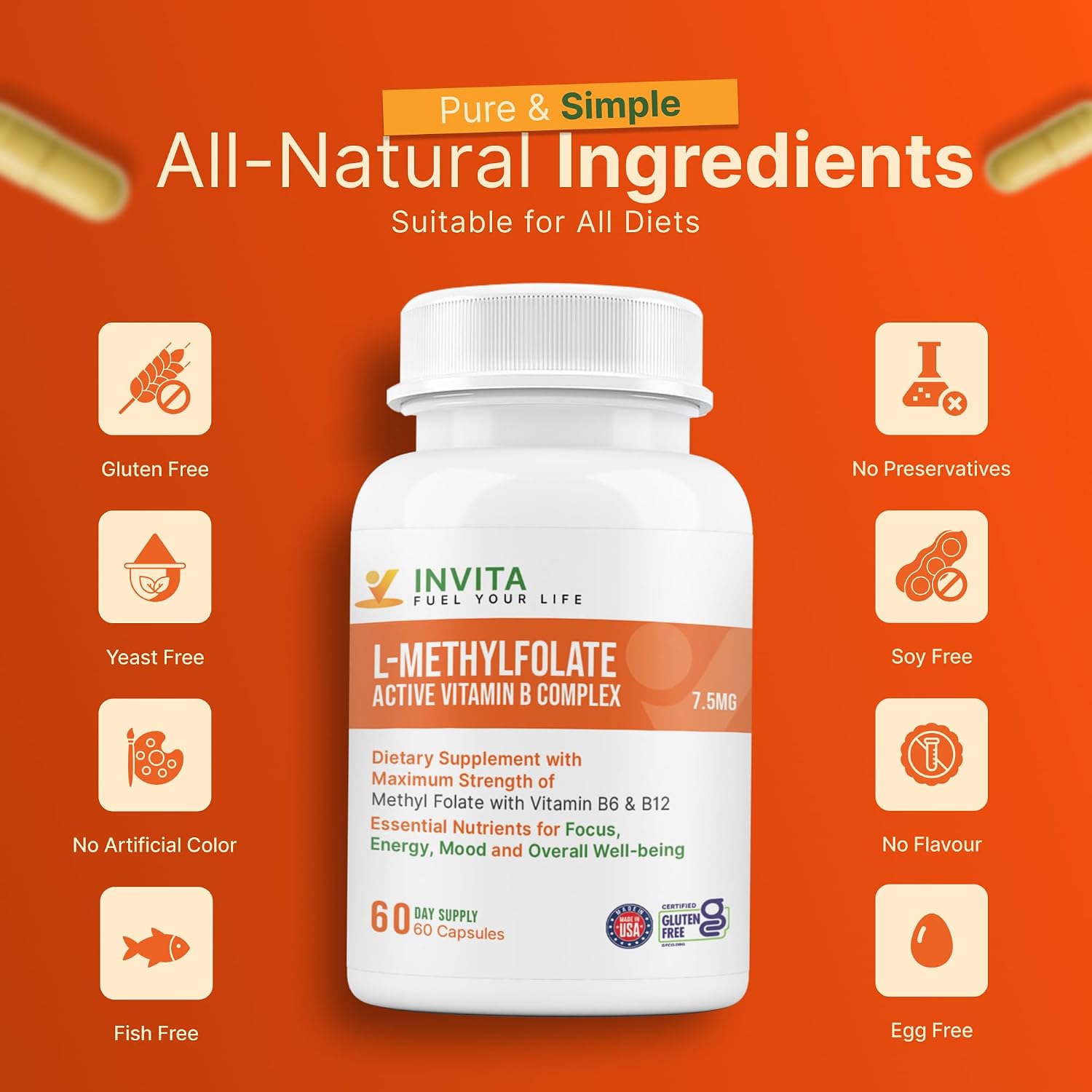 INVITA, L-Metilfolato 7.5 mg + Complejo B Activo – 60 Cápsulas – Suplemento 5-MTHF con Vitamina B6 y B12 Metilcobalamina – No-GMO, Sin Gluten, 2 Meses