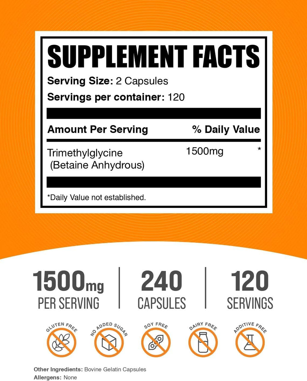 BulkSupplements.com TMG Cápsulas - Trimetilglicina como Betaína Anhidra, Suplemento de TMG - Sin Gluten, 2 Cápsulas por Ración (1500 mg), 240 Unidades