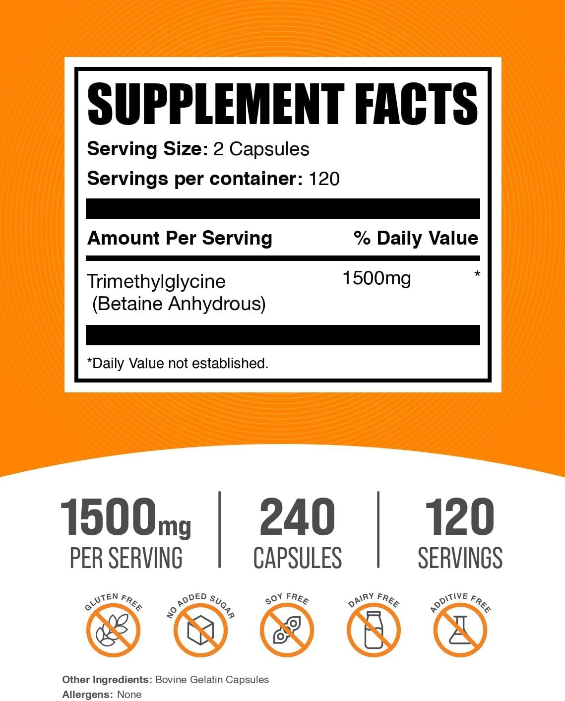 BulkSupplements.com TMG Cápsulas - Trimetilglicina como Betaína Anhidra, Suplemento de TMG - Sin Gluten, 2 Cápsulas por Ración (1500 mg), 240 Unidades
