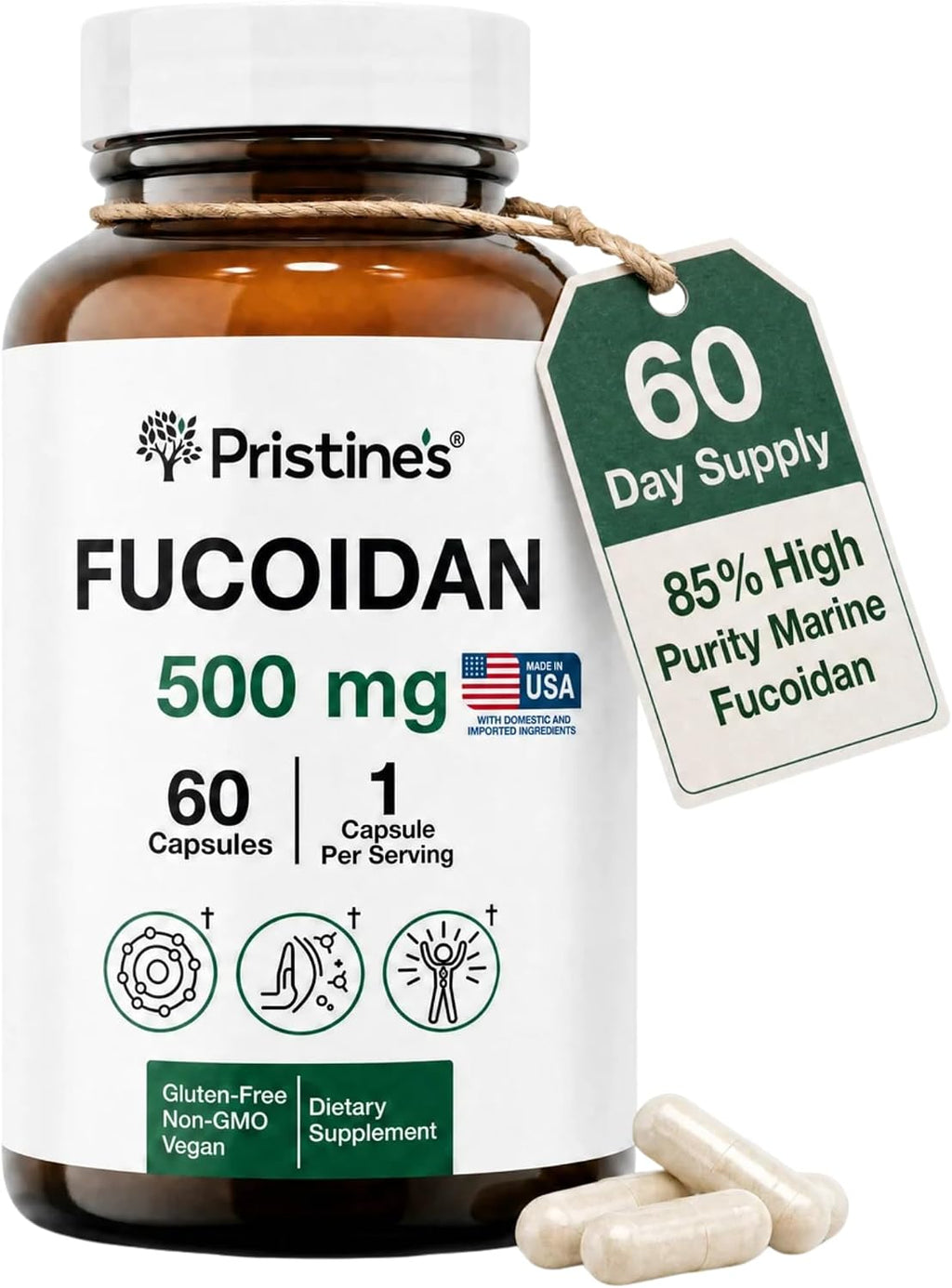 PRISTINE'S Fucoidan 500mg Cápsulas - 60 Días - Extracto de Alga Parda