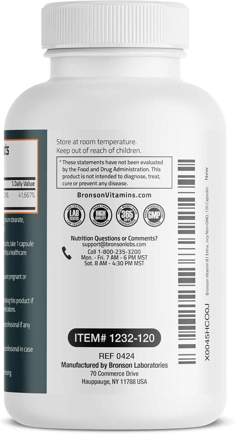 Bronson Vitamina B1 Extra Strength 500 mg Alta Potencia No-GMO, 120 Cápsulas