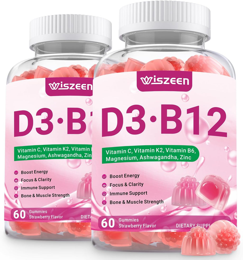 Wiszeen Vitamina D3 B12 Gominolas, 10000 IU D3 + 500mcg Metil-B12, con Ashwagandha, Magnesio, Vitamina K2