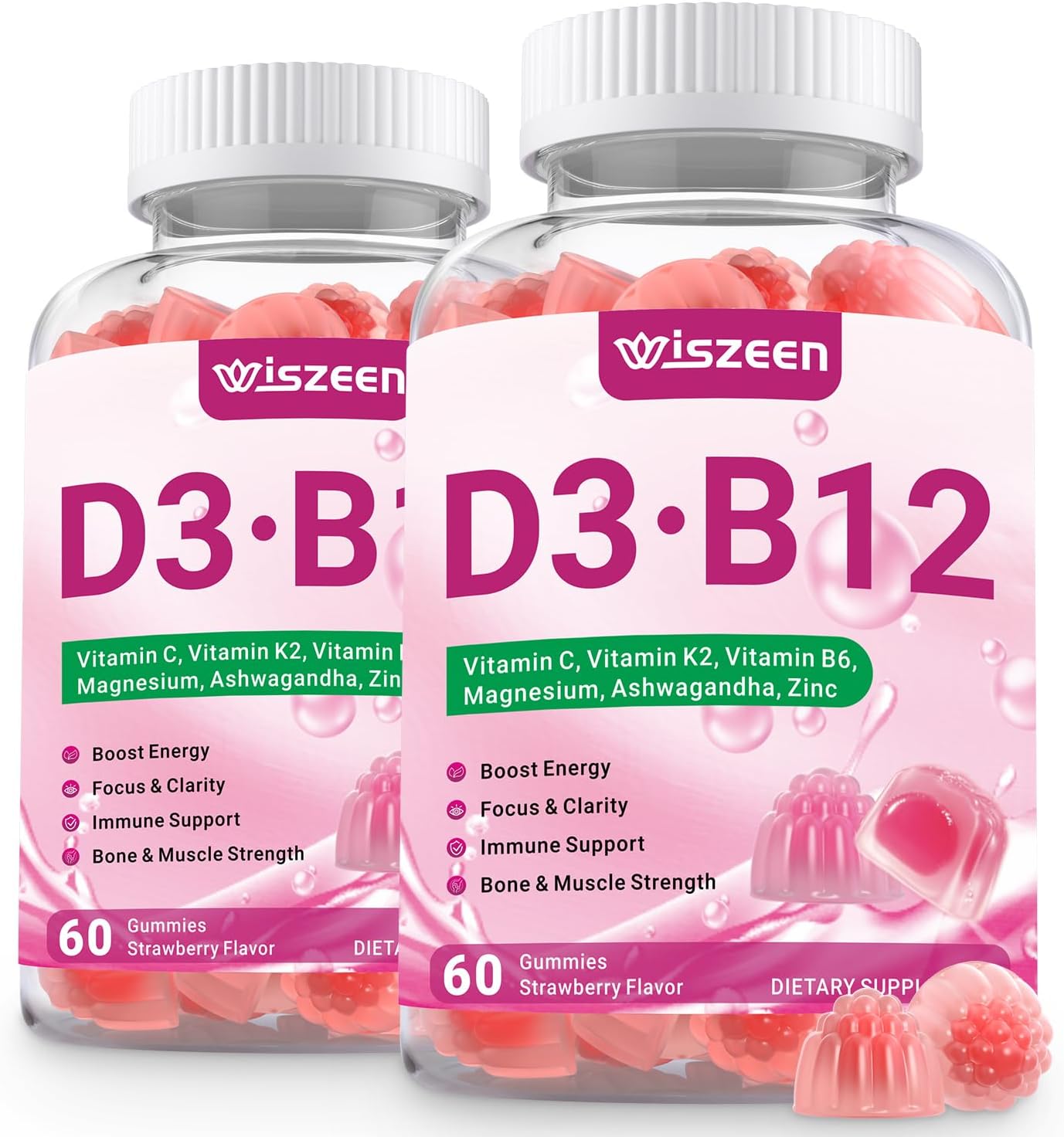 Wiszeen Vitamina D3 B12 Gominolas, 10000 IU D3 + 500mcg Metil-B12, con Ashwagandha, Magnesio, Vitamina K2