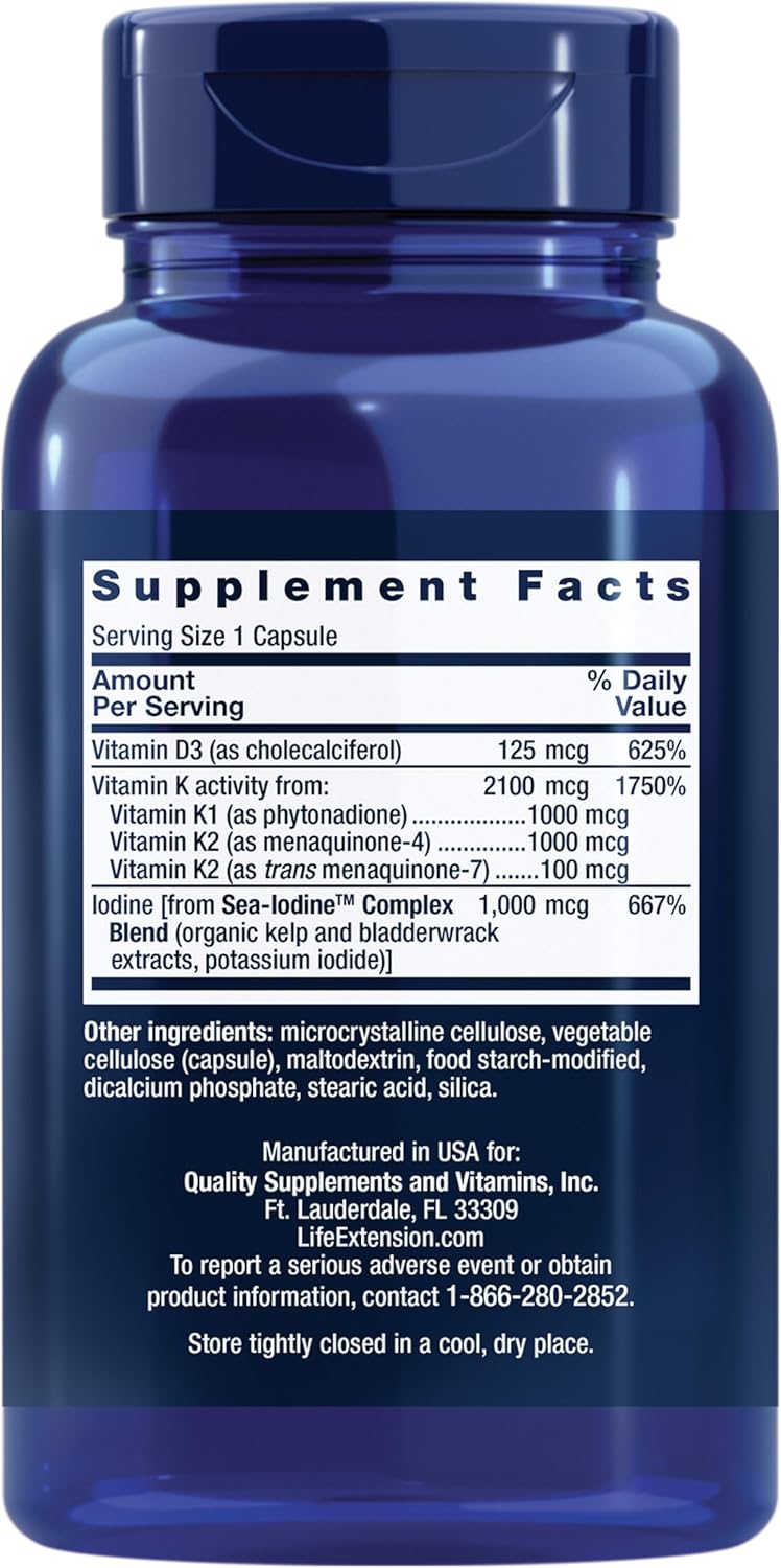Life Extension Vitaminas D y K con Yodo Marino, 60 Cápsulas