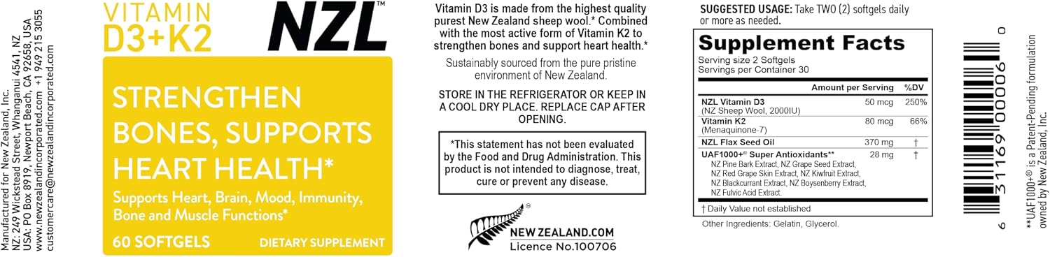 NZL Vitamina D3 & K2, Alta Potencia D3 2000UI y K2 (MK7) 80mcg, 60 Cápsulas Blandas Vegetarianas