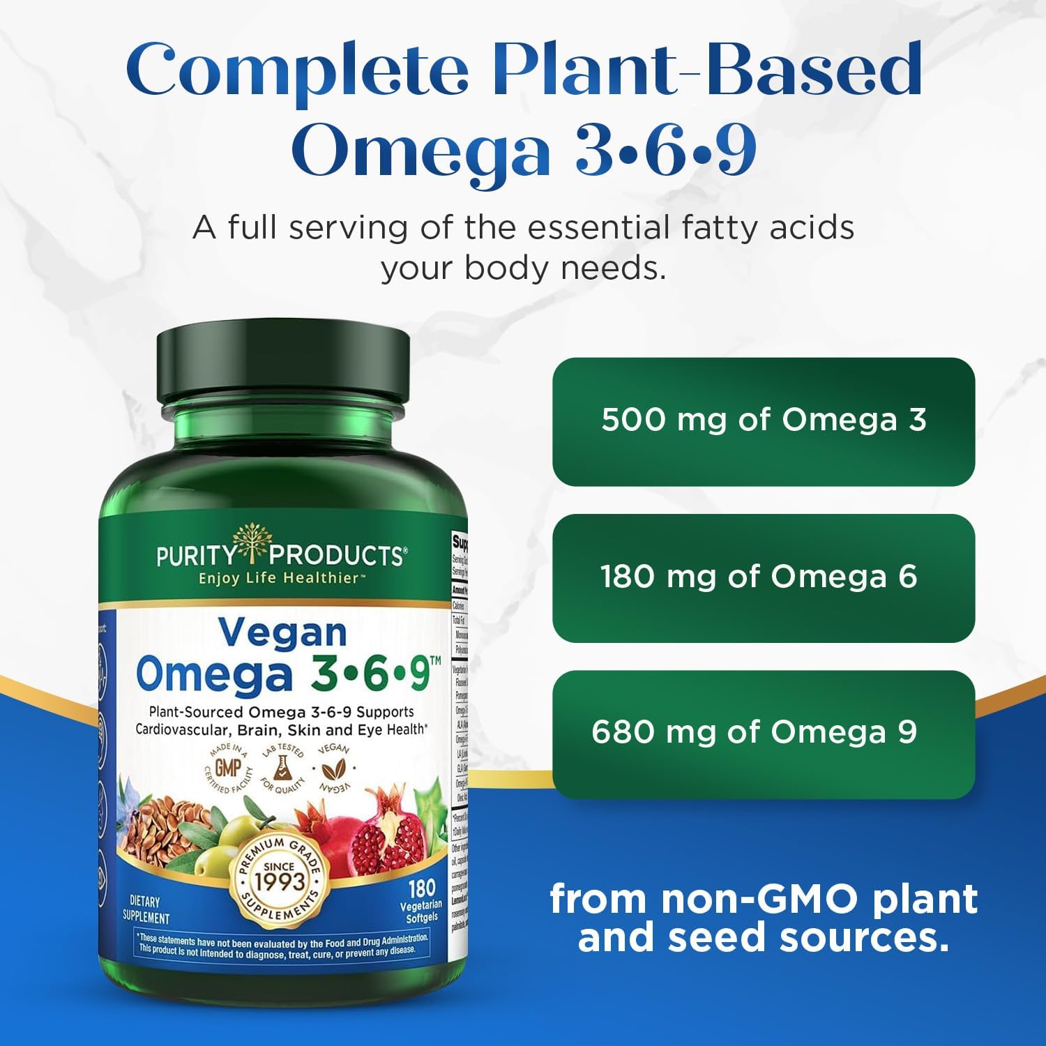 Purity Products Omega 3-6-9 Vegano - Complejo 5 en 1 de Ácidos Grasos Esenciales - 180 Cápsulas Blandas