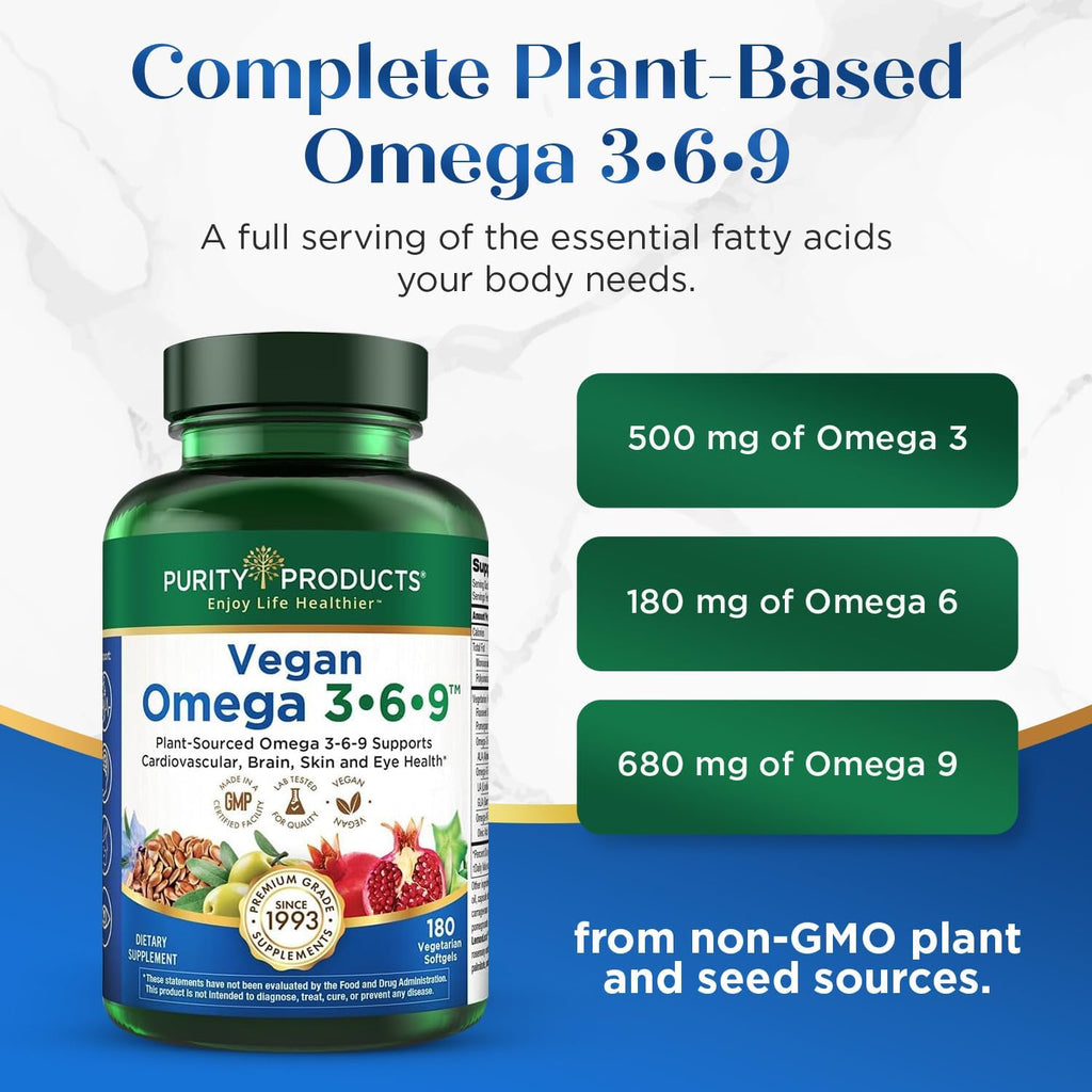 Purity Products Vegan Omega 3-6-9 Fórmula - Complejo de Ácidos Grasos Esenciales 5 en 1 - 180 Cápsulas Blandas