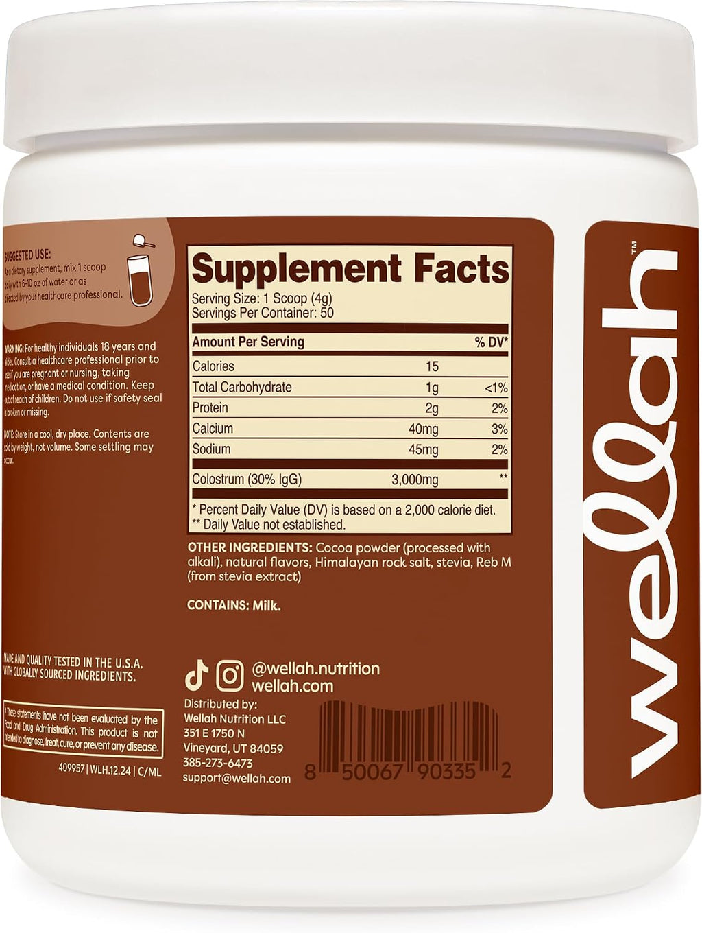 Wellah Colostrum Sabor Mocha Latte (50 raciones) - Endulzado con Stevia, 3g de Calostro por Ración, Complemento Alimenticio