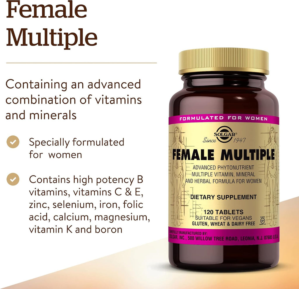 Solgar Female Multiple, 120 Comprimidos - Multivitamínico y Mineral para Mujeres con Fitonutrientes - Apto para Vegetarianos, Sin Trigo, Sin Lácteos, Kosher