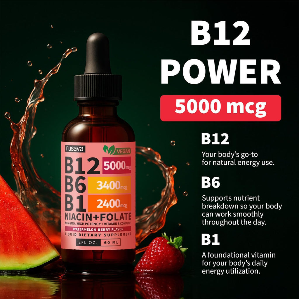 NUSAVA Gotas de Vitamina B12 Líquida 5000mcg - Complejo B con B6, B1, Niacina y Ácido Fólico - Metilcobalamina, Vegano, Sin Gluten, Sabor a Sandía y Bayas (2 Pack, 60 ml)