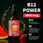 NUSAVA Gotas de Vitamina B12 Líquida 5000mcg - Complejo B con B6, B1, Niacina y Ácido Fólico - Metilcobalamina, Vegano, Sin Gluten, Sabor a Sandía y Bayas (2 Pack, 60 ml)