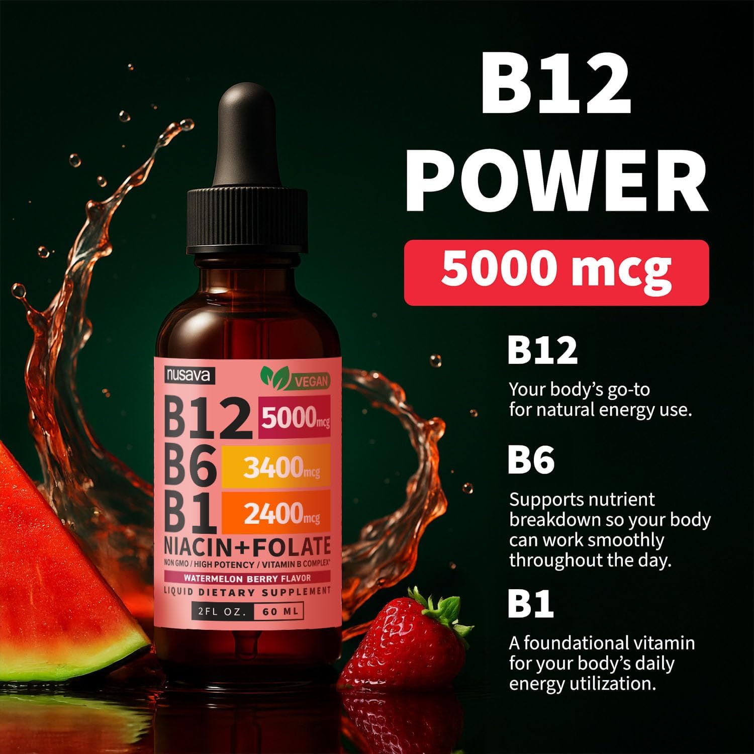 NUSAVA Gotas de Vitamina B12 Líquida 5000mcg - Complejo B con B6, B1, Niacina y Ácido Fólico - Metilcobalamina, Vegano, Sin Gluten, Sabor a Sandía y Bayas (2 Pack, 60 ml)