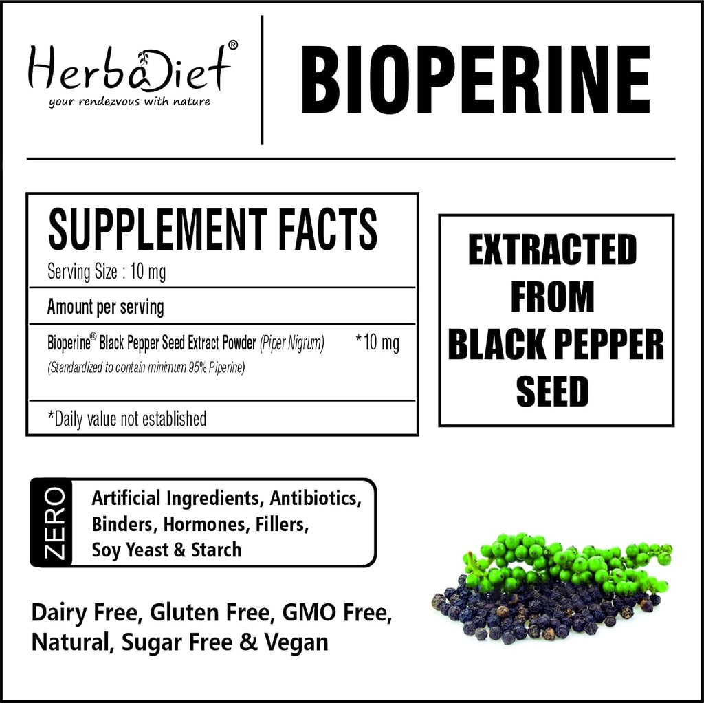 Herbadiet Bioperine Powder | Extracto de Pimienta Negra con Piperina 95% | Potenciador de Biodisponibilidad (14 g / 0.5 oz)