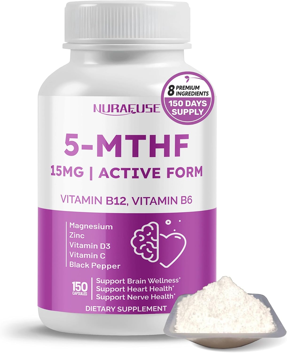 NURAFUSE Complejo B Activo con 5-MTHF, Vitamina B12, B6, Magnesio y Pimienta Negra – Apoyo para el Bienestar Cerebral, Salud Cardíaca y Nerviosa