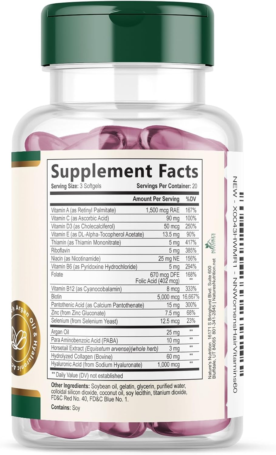 Biotina 5000mcg por dosis - Complejo con Colágeno, Aceite de Argán y Ácido Hialurónico - Suplemento de Belleza para Mujeres y Hombres - 60 Cápsulas Blandas