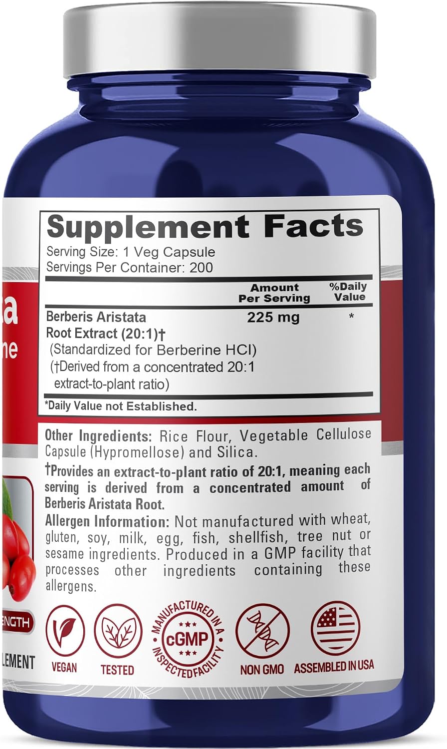 NusaPure Berberine HCI Cápsulas, 225 mg, 200 Cápsulas Veganas (No GMO, Vegano)