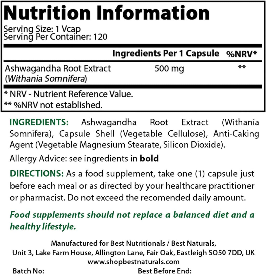 Best Naturals Ashwagandha Cápsulas 500 mg para Relajación y Estrés, 120 Unidades