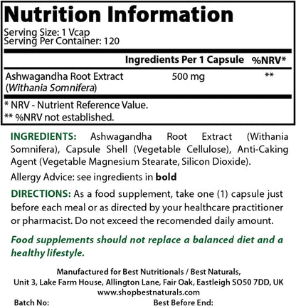 Best Naturals Ashwagandha Cápsulas 500 mg para Relajación y Estrés, 120 Unidades – Image 2