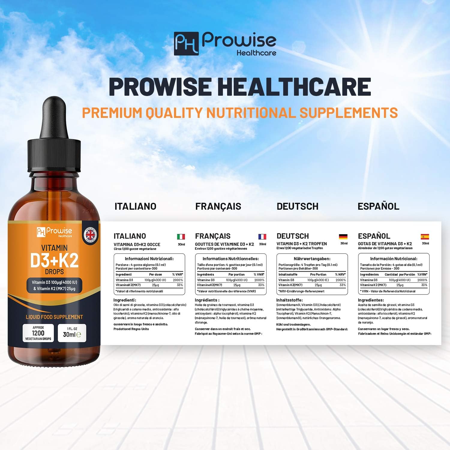 Vitamina D3 4000 UI + K2 MK-7 25 µg Gotas Naranja - Prowise Healthcare (30 ml)