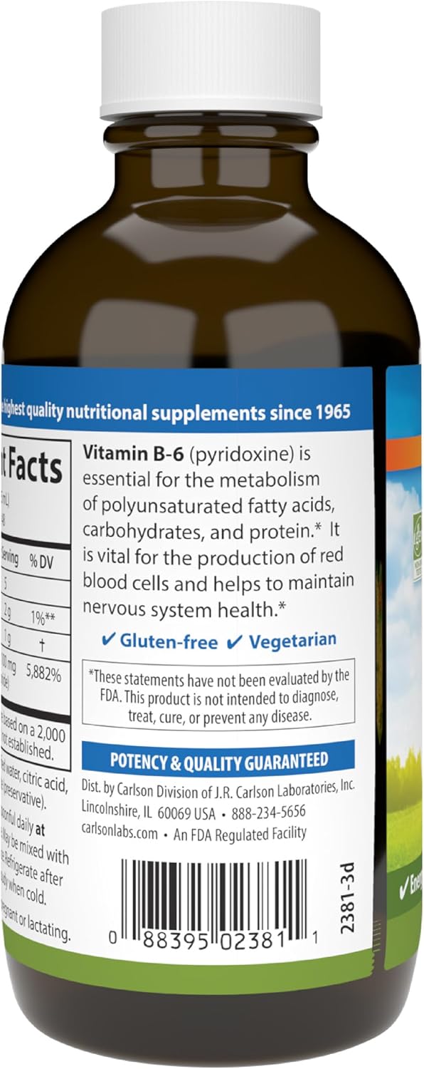 Carlson - B-6 Líquido, Vitamina B-6, Producción de Energía, Salud Cardíaca, Sabor a Limonada de Bayas, 120 mL