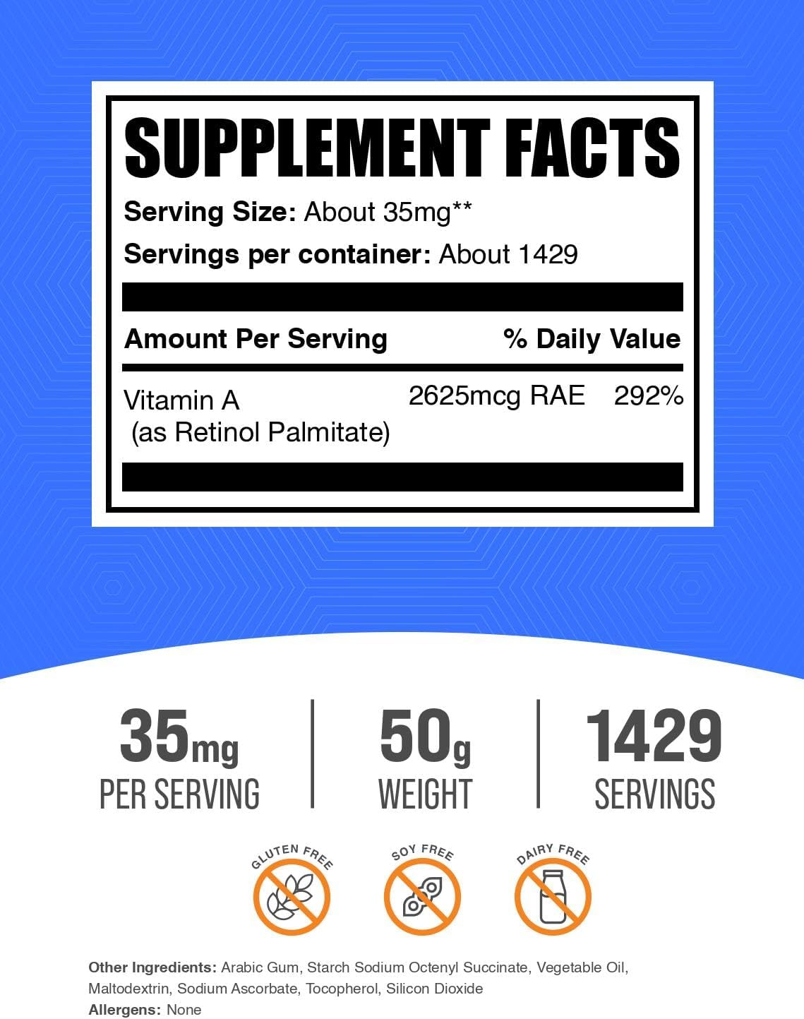 BulkSupplements.com Vitamina A Palmitato en Polvo - como Palmitato de Retinol, Suplemento de Vitamina A para Apoyo Inmunológico y Ocular - Sin Gluten, 35mg por Dosis, 50g (1.8 oz) (Paquete de 1)